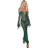 Women Summer Solid Sexy Lace-Up Long Sleeve Mesh See-Through Suspender Dress