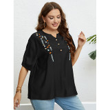 Summer Small V Embroidery Literary Loose Casual Top