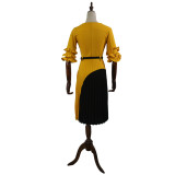 Women's Africa Plus Size Bell Bottom Sleeve Color Block Dress