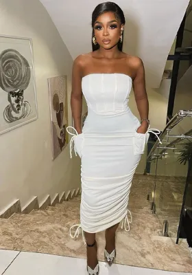 Women's Summer Strapless Off Shoulder Pocket Slim Waist Slim Fit Pleated Dress
