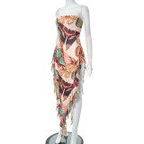 Women's Summer Casual Butterfly Print Sleeveless Strapless Ruffle Edge Slim Dress