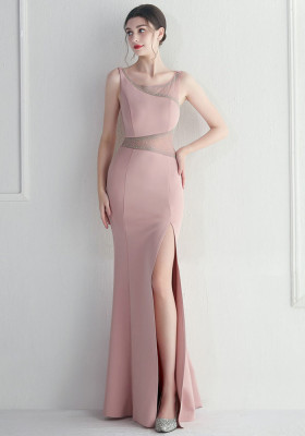 Beaded Mesh See-Through Bridesmaids Dinner Formal Long Evening Gown