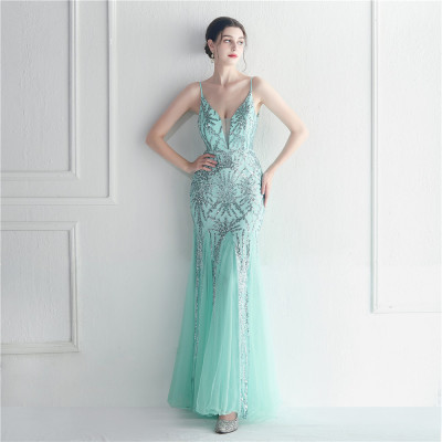 Mesh beaded sequin dress event exhibition long evening dress