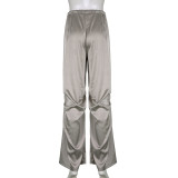 Solid Chic Drape Satin Low Rise Relaxed Casual Woven Pants