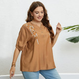 Summer Small V Embroidery Literary Loose Casual Top