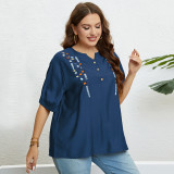 Summer Small V Embroidery Literary Loose Casual Top