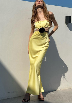 Summer Fashion Strapless Hollow Solid Color Slim Slit Dress