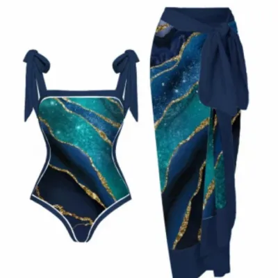 Vintage Print One Piece Swimsuit Women's Spa Holidays Beach Skirt Two Piece Swimsuit