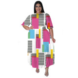 Plus Size Women's Digital Positioning Print Pleated Round Neck Long Casual Dress