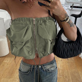 street Style Cargo Big Pocket Patchwork Zipper Strapless Vest Women Summer Tops