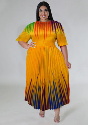 Plus Size Women's Digital Positioning Print Pleated Round Neck Long Casual Dress