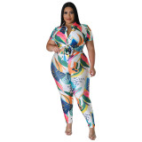 Plus Size Women's Printed Summer Short Sleeve Shirt Trousers Fashion Casual two piece Set