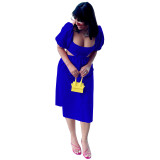 Ladies Solid Color U-Neck Balloon Short Sleeve Open Waist Low Back Dress