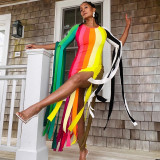 Women's Dress Fashion Multicolor Stripes Print Streamer Tassel Tight Fitting Dress