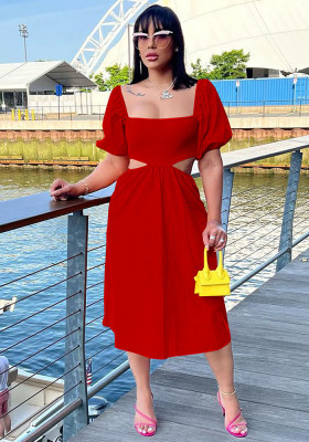 Ladies Solid Color U-Neck Balloon Short Sleeve Open Waist Low Back Dress