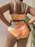Plus Size Tankini Multi-Color Print Sexy Deep V One-Piece Bikini Swimsuit