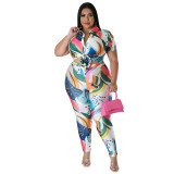 Plus Size Women's Printed Summer Short Sleeve Shirt Trousers Fashion Casual two piece Set
