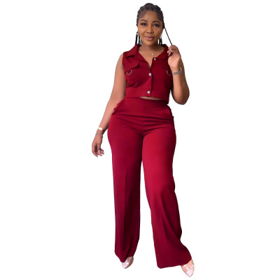 Solid turndown Collar Vest Casual High Waist Straight Leg Trousers Two-Piece Set