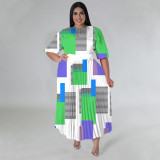 Plus Size Women's Digital Positioning Print Pleated Round Neck Long Casual Dress