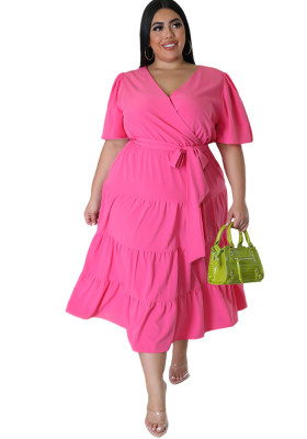 Plus Size Women Short Sleeve V Neck Solid Belt Loose Maxi Dress