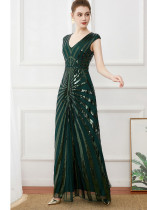 Plus Size Women Retro Formal Party Sequin Deep V Elegant Evening Dress