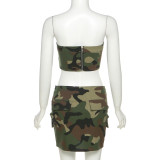 Summer Women Sexy Strapless Camouflage Crop Top and Skirt Two-Piece Set