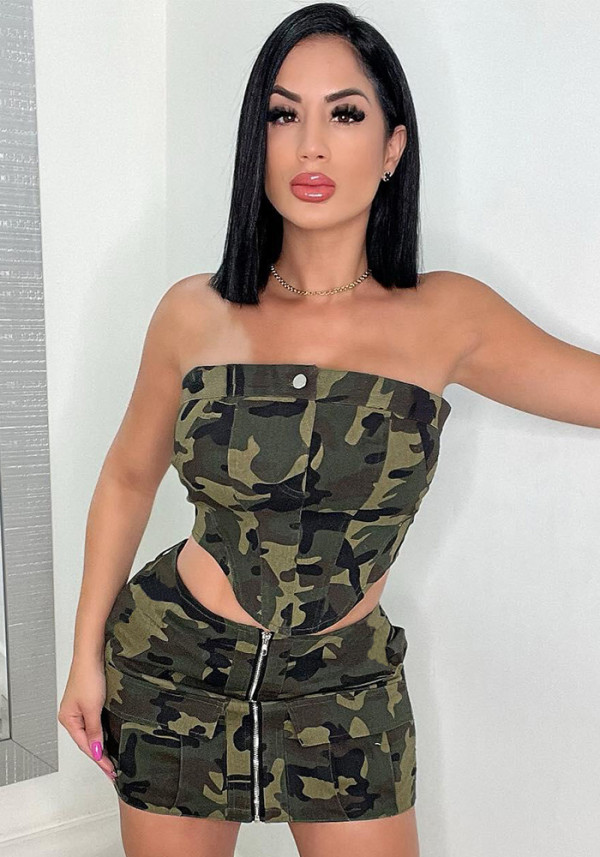 Summer Women Sexy Strapless Camouflage Crop Top and Skirt Two-Piece Set
