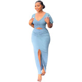 Women Ruffle Sleeve Crop V-Neck Top and Slit Bodycon Skirt Two-Piece Set