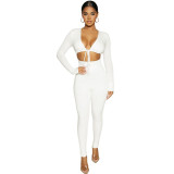Women Solid Sexy Lace-up Hollow Long Sleeve Jumpsuit