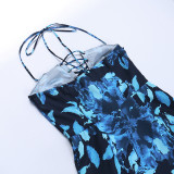 Women Print Wave Trim Slit Lace-Up Strapless Dress