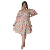 Plus Size Women Summer Short Sleeve Off Shoulder Floral Print Dress