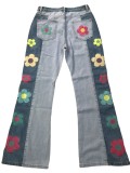 Denim trousers women's color matching side embroidery flowers high waist bootcut trousers