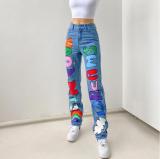 Trendy High Waist Loose Printed Graffiti Women's Denim Pants