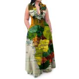 Women's Casual Map Print Sleeveless Turndown Collar Shirt Maxi Dress