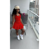 Women's sexy solid color v-neck sleeveless pleated tennis skirt suit