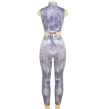 Summer Women's Sexy Printed Slim Crop Top High Waist Bodycon Pants Set