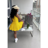 Women's sexy solid color v-neck sleeveless pleated tennis skirt suit