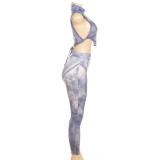 Summer Women's Sexy Printed Slim Crop Top High Waist Bodycon Pants Set