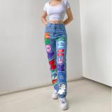 Trendy High Waist Loose Printed Graffiti Women's Denim Pants