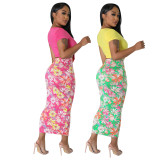 Summer Women's Sexy Print Short Sleeve Ladies Two-Piece Skirt Set