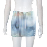 Women's Summer Casual 3d Print Tight Fitting Long Sleeve Bodysuit Short Skirt Two-Piece Set