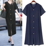 Summer V-neck Solid Color Plus Size Short Sleeve Long Dress