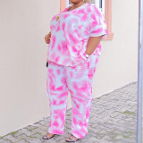 Spring Print Round Neck Plus Size T-Shirt Trousers Casual Ladies two piece set