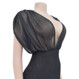 Women Solid Pleated V-Neck Sleeveless Maxi Dress