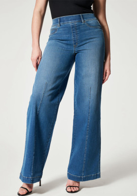 Women Stretch Wash Denim Wide Leg Pants