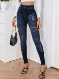 WomenSexy Stretch Ripped Casual Print Imitation Jeans Pant