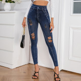WomenSexy High Stretch Ripped Casual Print Imitation Jeans Pants