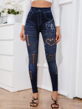 WomenSexy Stretch Ripped Casual Print Imitation Jeans Pant