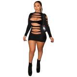 Women Sexy Ripped Solid Long Sleeve Dress