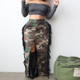 Women Style Camouflage Fringe Slit Skirt